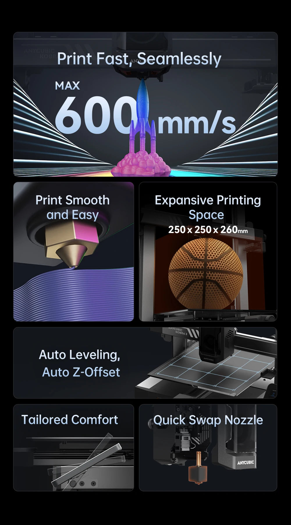 Kobra 3 600mm/s Max Print Speed FDM 3d Printer 25-Point Automatic Leveling With 9.8 x8.7 x 8.7inch Print Size