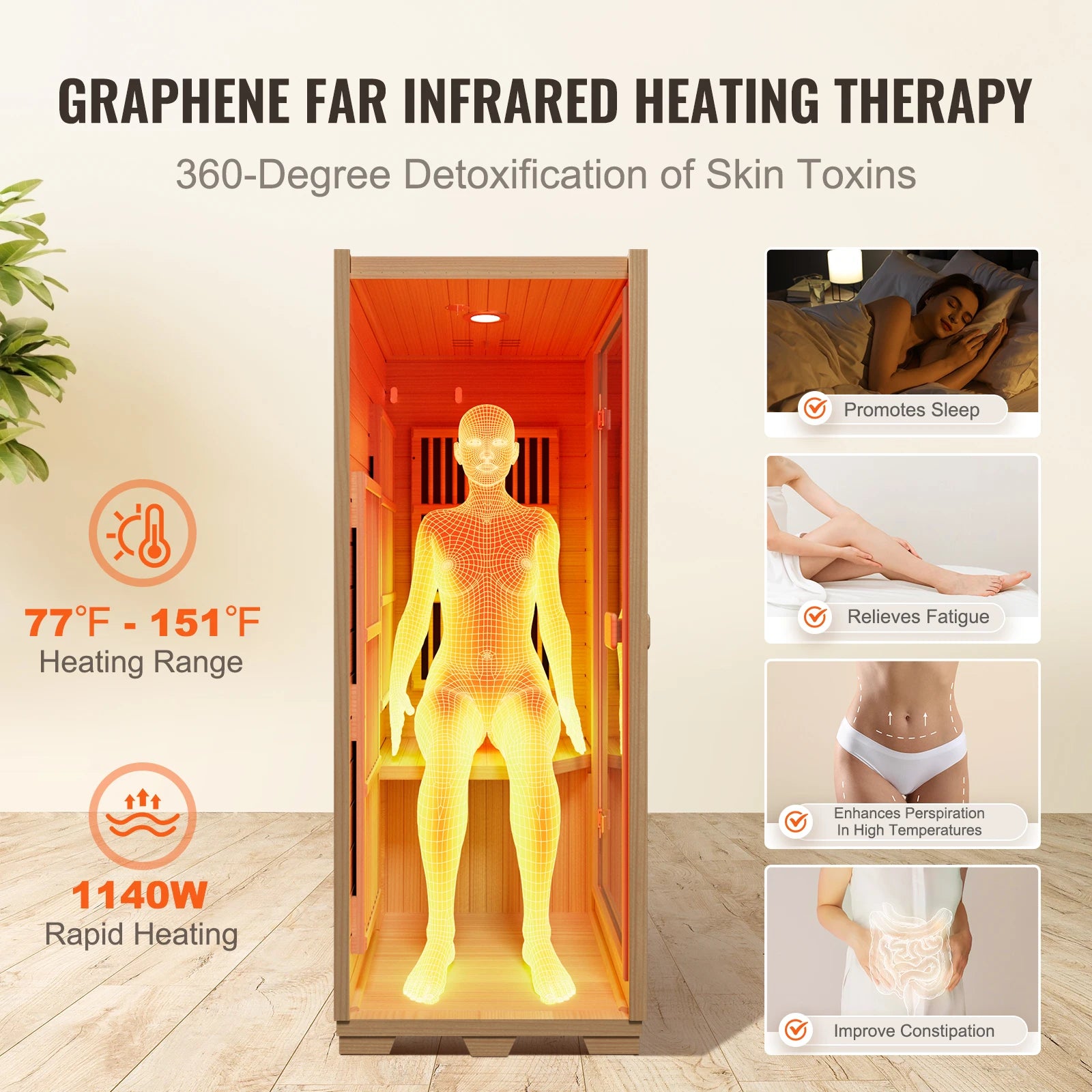 SucceBuy Far Infrared Wooden Sauna,  Room Home Sauna Spa for One Single Person, Low EMF Far Infrared Hemlock Wood  1140W Indoor