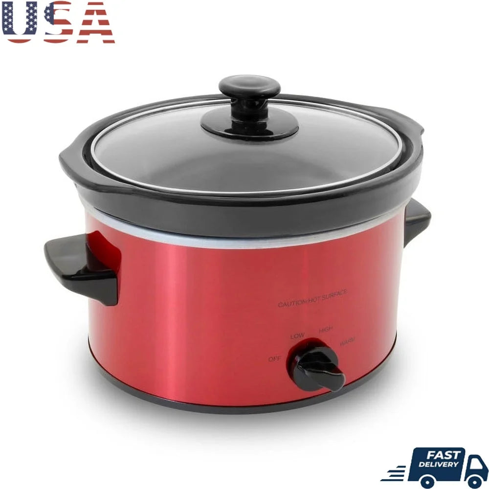 2Qt Oval Slow Cooker with Removable Stoneware Pot Tempered Glass Lid Low High Defrost Settings Dishwasher Safe Kitchen Appliance