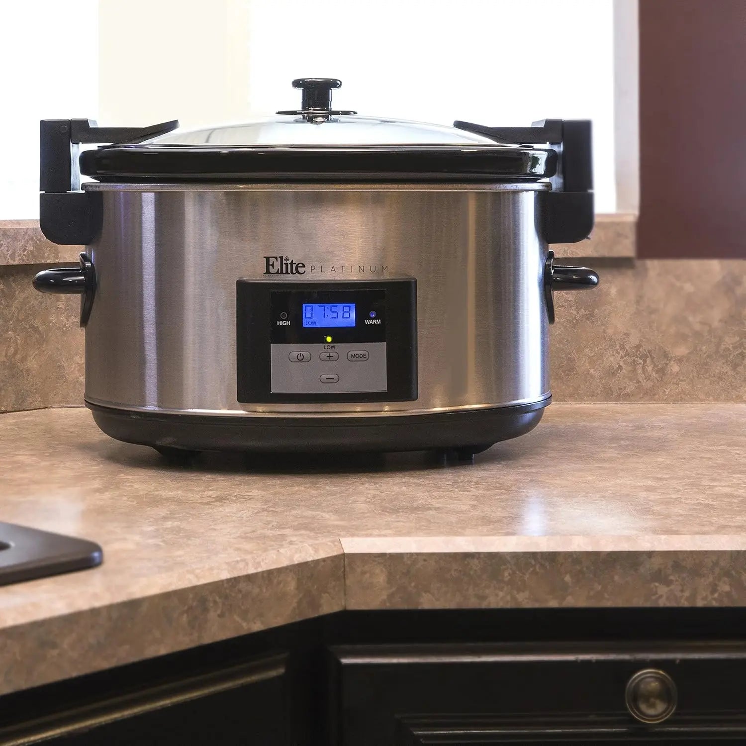Elite Platinum, 8.5-Quart Stainless Steel Programmable Slow Cooker w/Locking Lid, Black