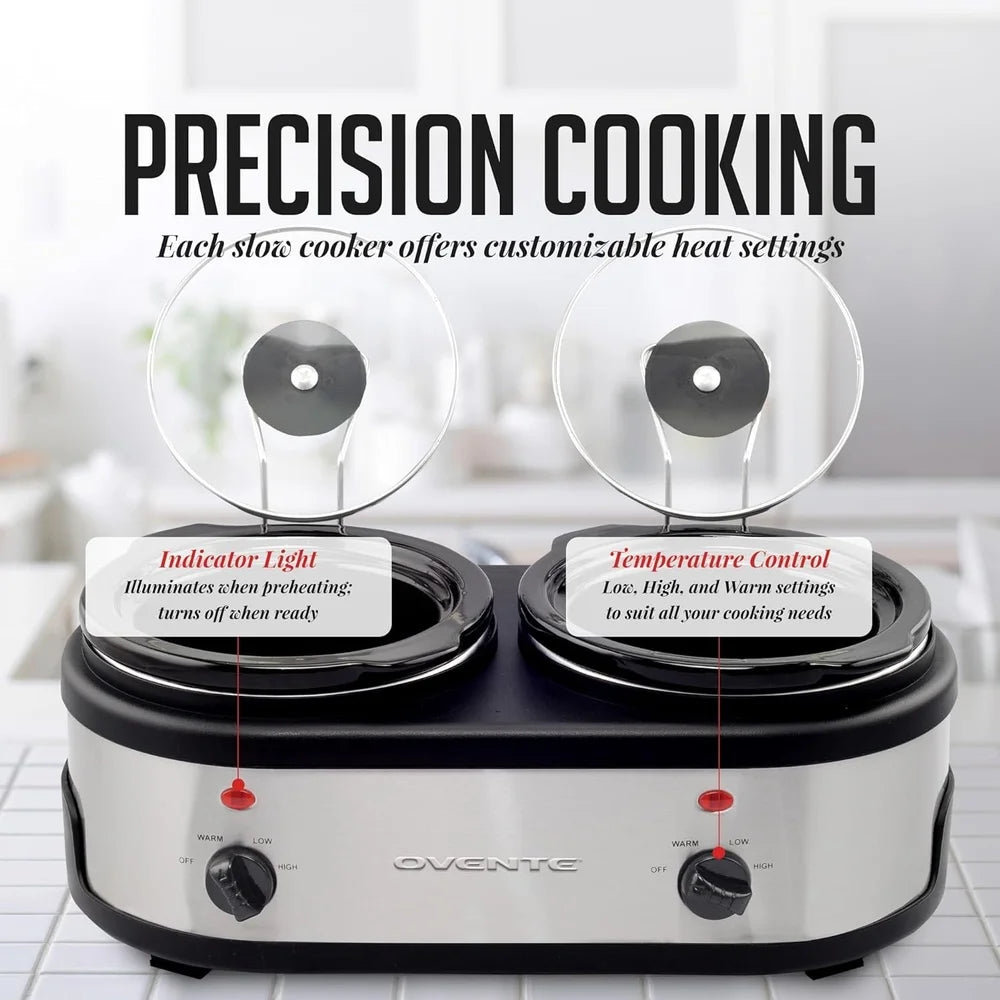 Dual Buffet Station Slow Cooker with 2 Independent 1.5 Quart Ceramic Pots Temperature Control Parties Events and Gatherings