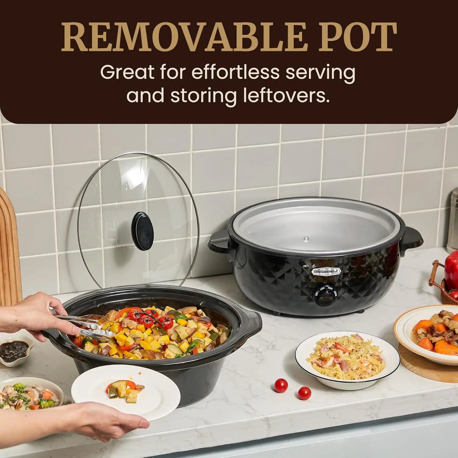 Diamond Pattern Slow Cooker Removable Dishwasher-Safe  Pot with Tempered Glass Lid, Cool-Touch Handles, 6 Quart, Charcoal Black