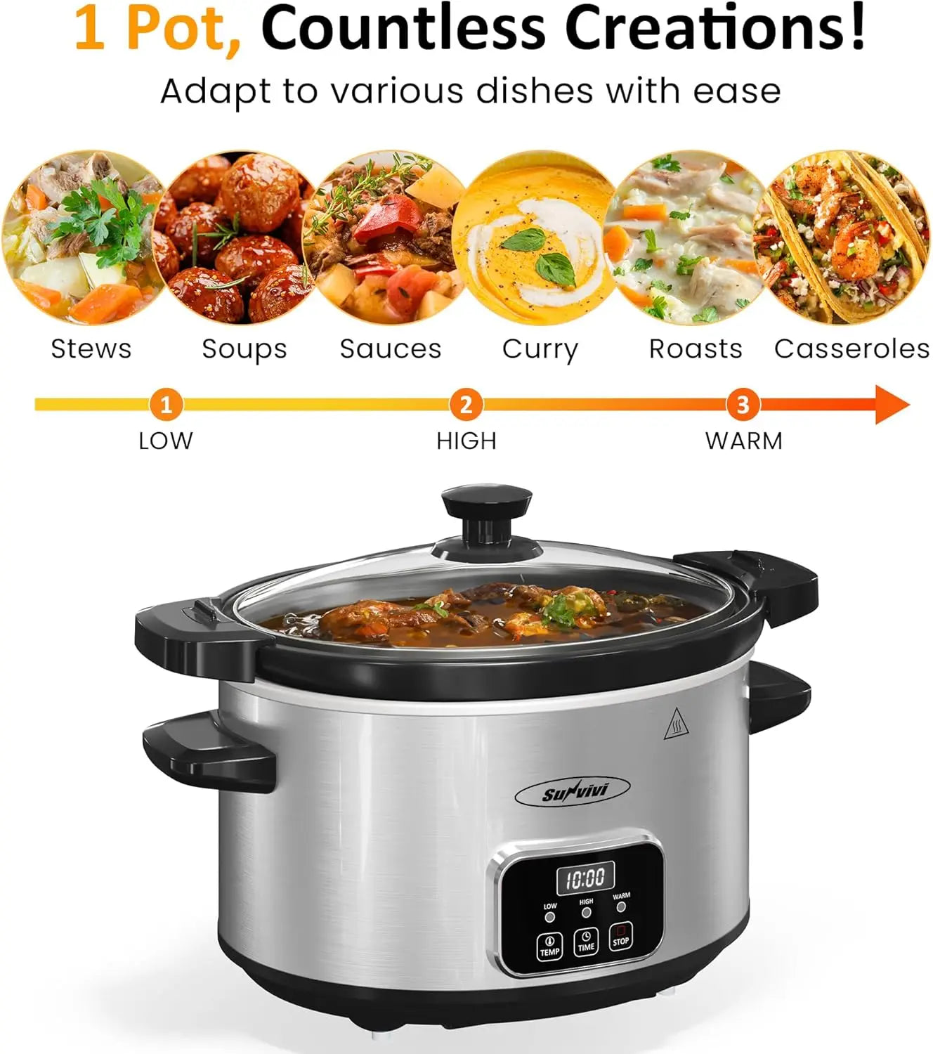 4QT Programmable Slow Cooker with Locking Lid, Removable Ceramic Pot, 3 Heating Settings & Timer, Dishwasher-Safe, Stainless Steel
