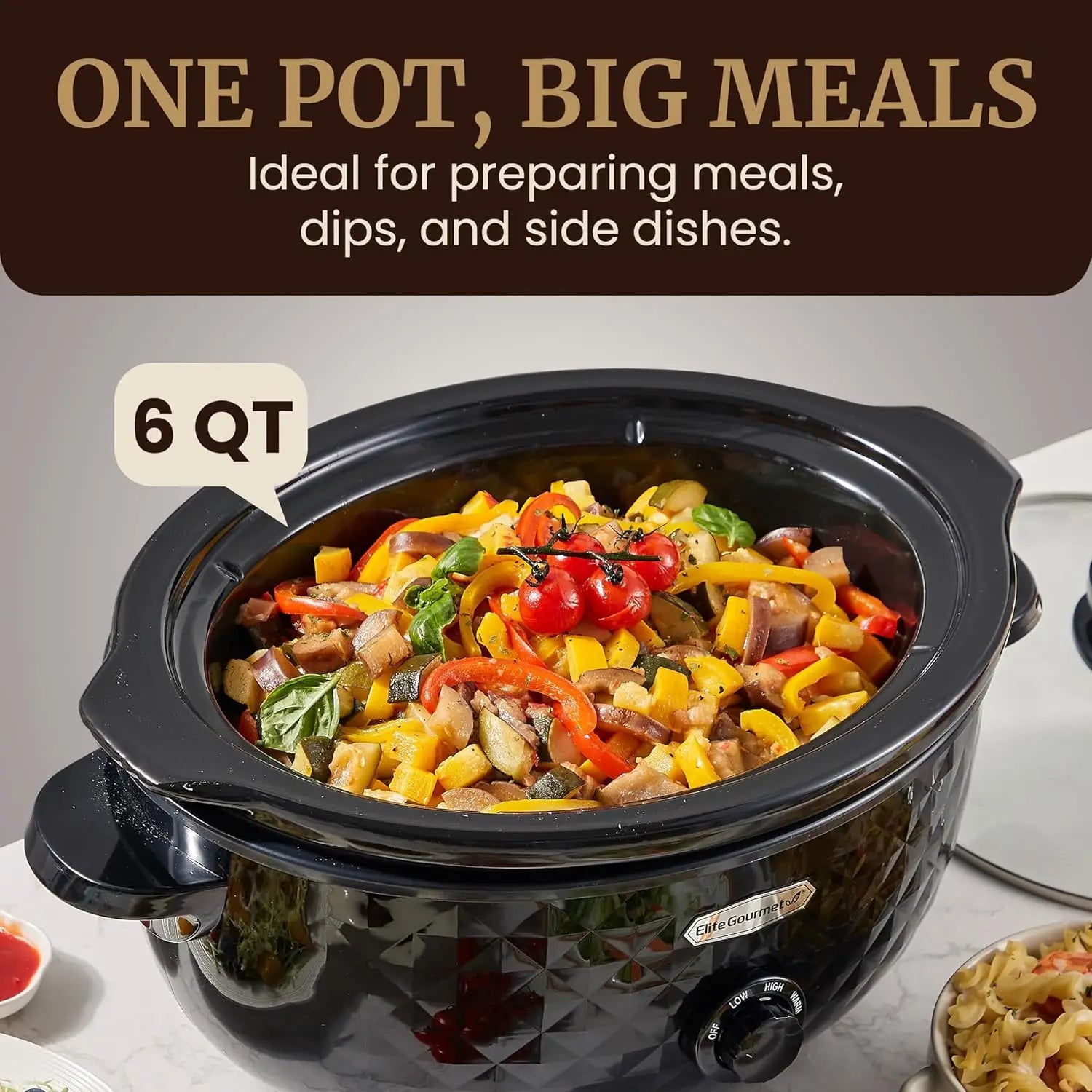 Diamond Pattern Slow Cooker Removable Dishwasher-Safe  Pot with Tempered Glass Lid, Cool-Touch Handles, 6 Quart, Charcoal Black