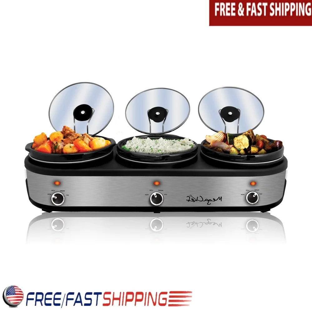 3 Pot 2.5 Qt Slow Cooker Buffet Server with Individual Temperature Control Detachable Lid Rests Anti Slip Feet Easy Serving
