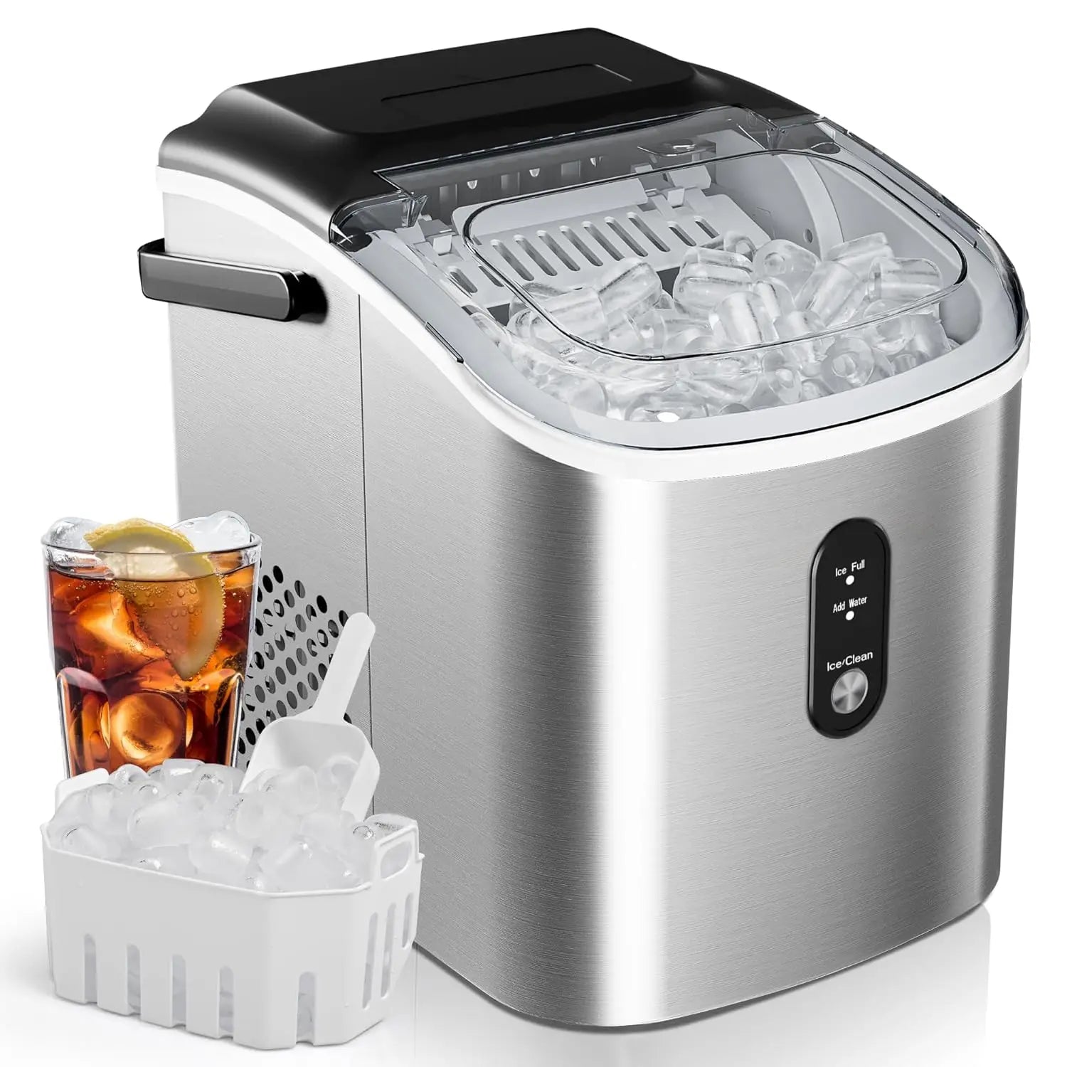 Countertop Ice Maker 26 lbs/Day Portable Self-Cleaning, 9 Bullet Ice in 6 Min, Silver, Auto-Cleaning, with Basket and Scoop