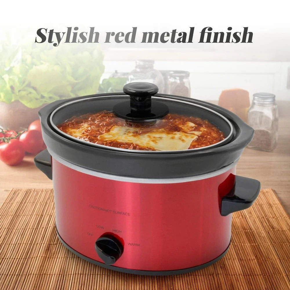 2Qt Oval Slow Cooker with Removable Stoneware Pot Tempered Glass Lid Low High Defrost Settings Dishwasher Safe Kitchen Appliance