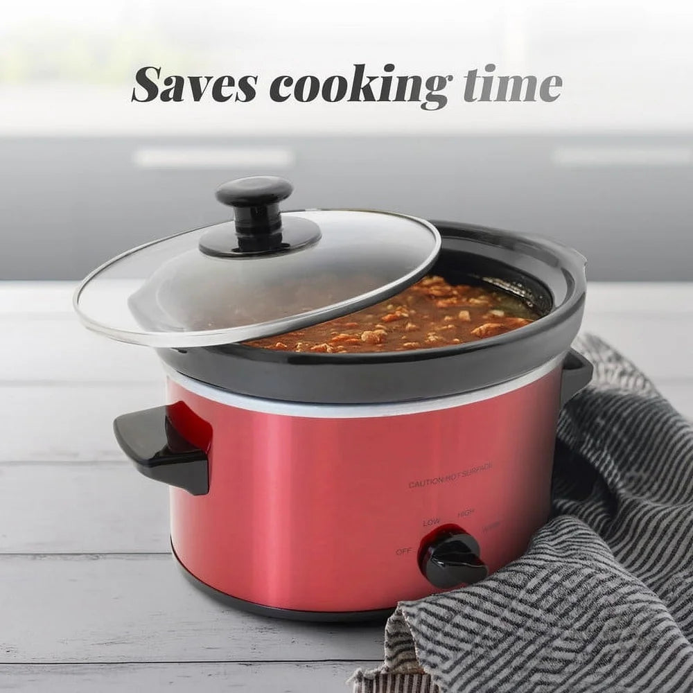 2Qt Oval Slow Cooker with Removable Stoneware Pot Tempered Glass Lid Low High Defrost Settings Dishwasher Safe Kitchen Appliance
