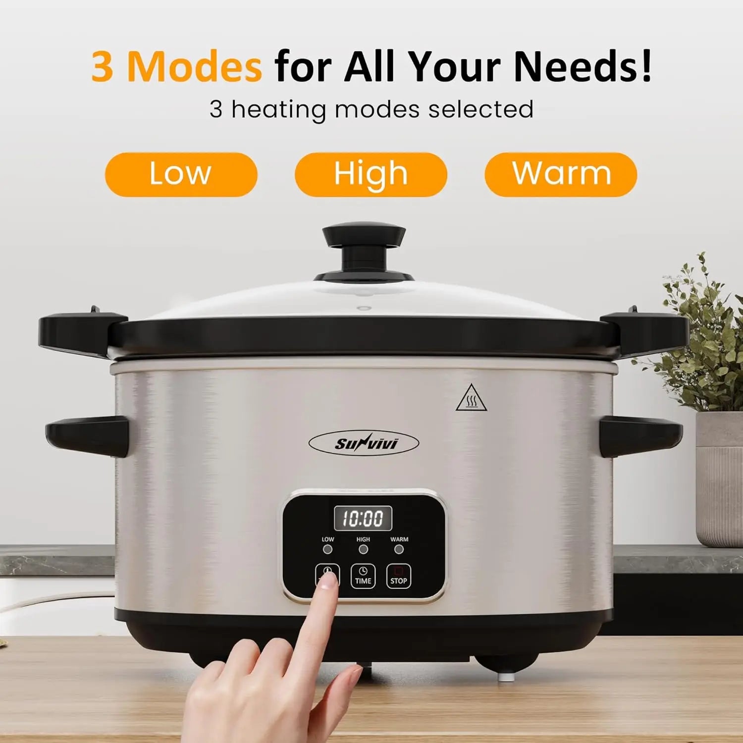 4QT Programmable Slow Cooker with Locking Lid, Removable Ceramic Pot, 3 Heating Settings & Timer, Dishwasher-Safe, Stainless Steel