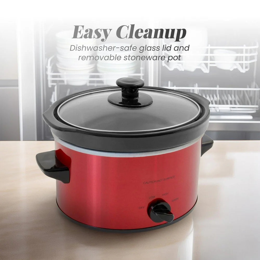 2Qt Oval Slow Cooker with Removable Stoneware Pot Tempered Glass Lid Low High Defrost Settings Dishwasher Safe Kitchen Appliance