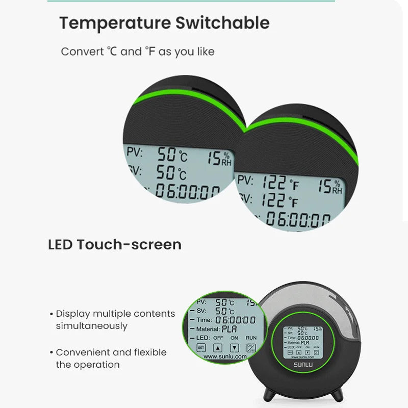 SUNLU S2 Dryer Box With Fan Upgrade 3D Filament Dry Box 82mm MAX70℃ 360° Heating Humidity Display LED Touch Screen Time Setting