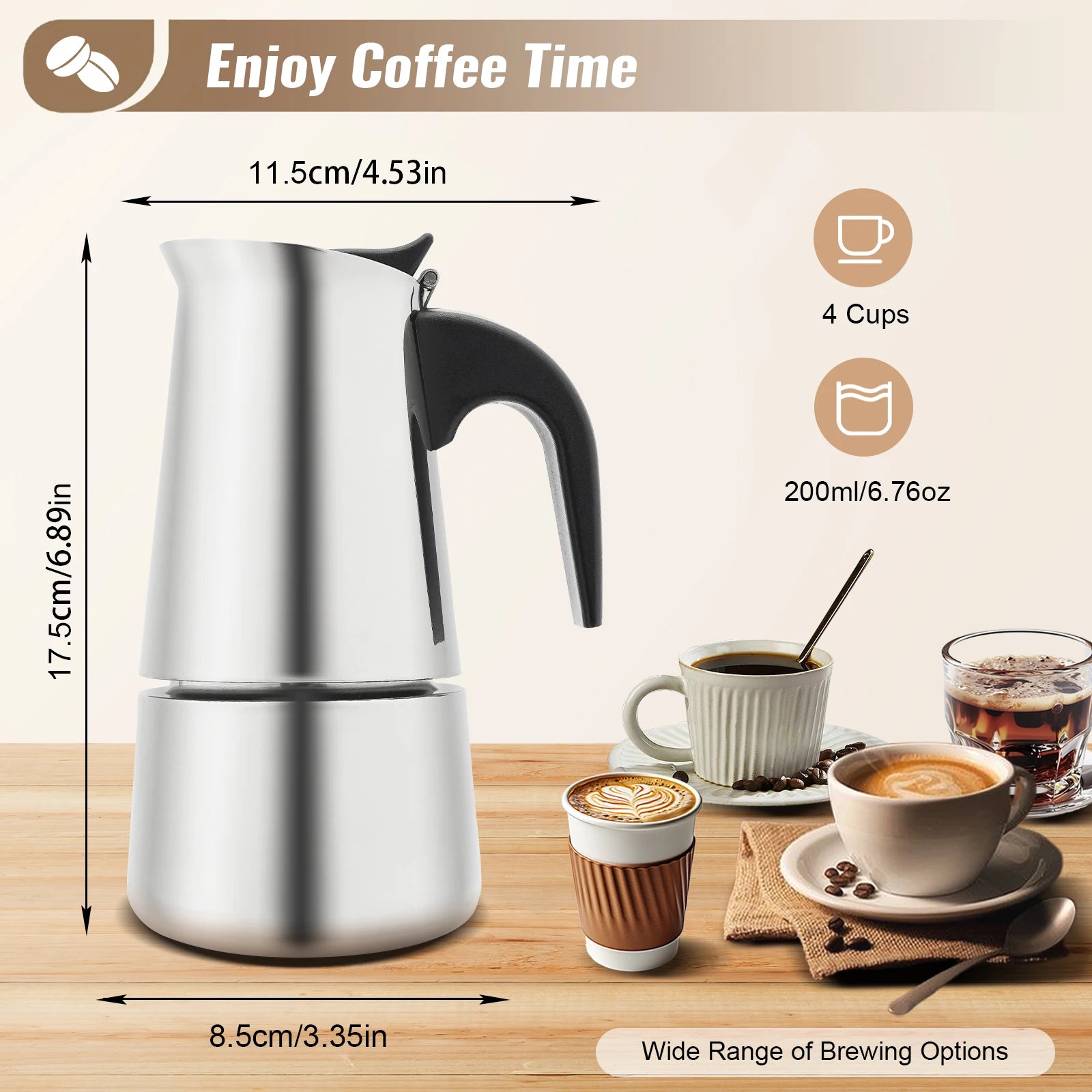 Stainless Steel Coffee Pot, Stovetop Espresso Maker, Percolator Italian Coffee Maker, 200ml/7oz/4 cup W/Electric Stove