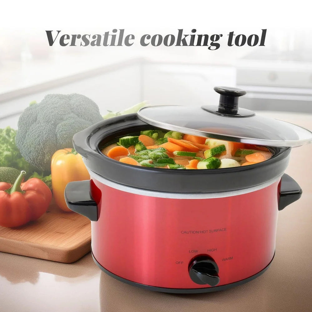 2Qt Oval Slow Cooker with Removable Stoneware Pot Tempered Glass Lid Low High Defrost Settings Dishwasher Safe Kitchen Appliance