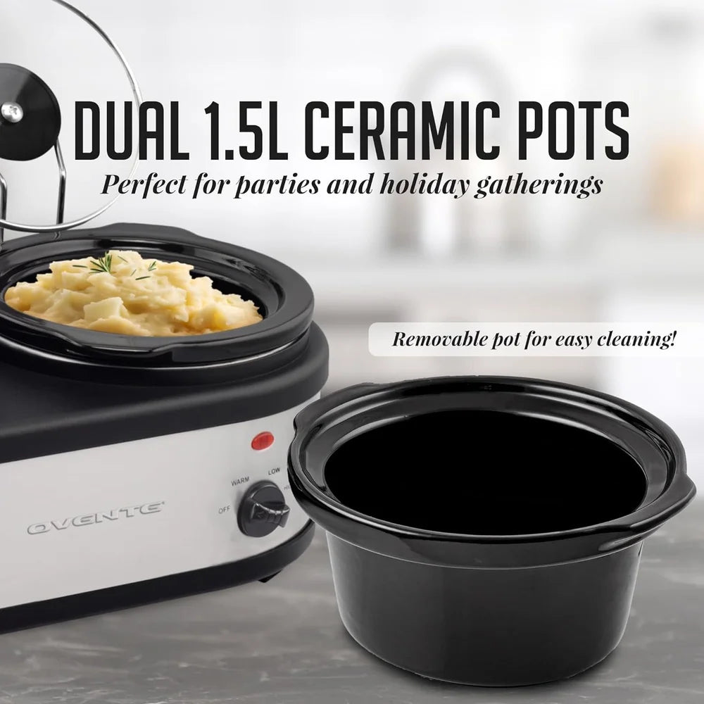 Dual Buffet Station Slow Cooker with 2 Independent 1.5 Quart Ceramic Pots Temperature Control Parties Events and Gatherings