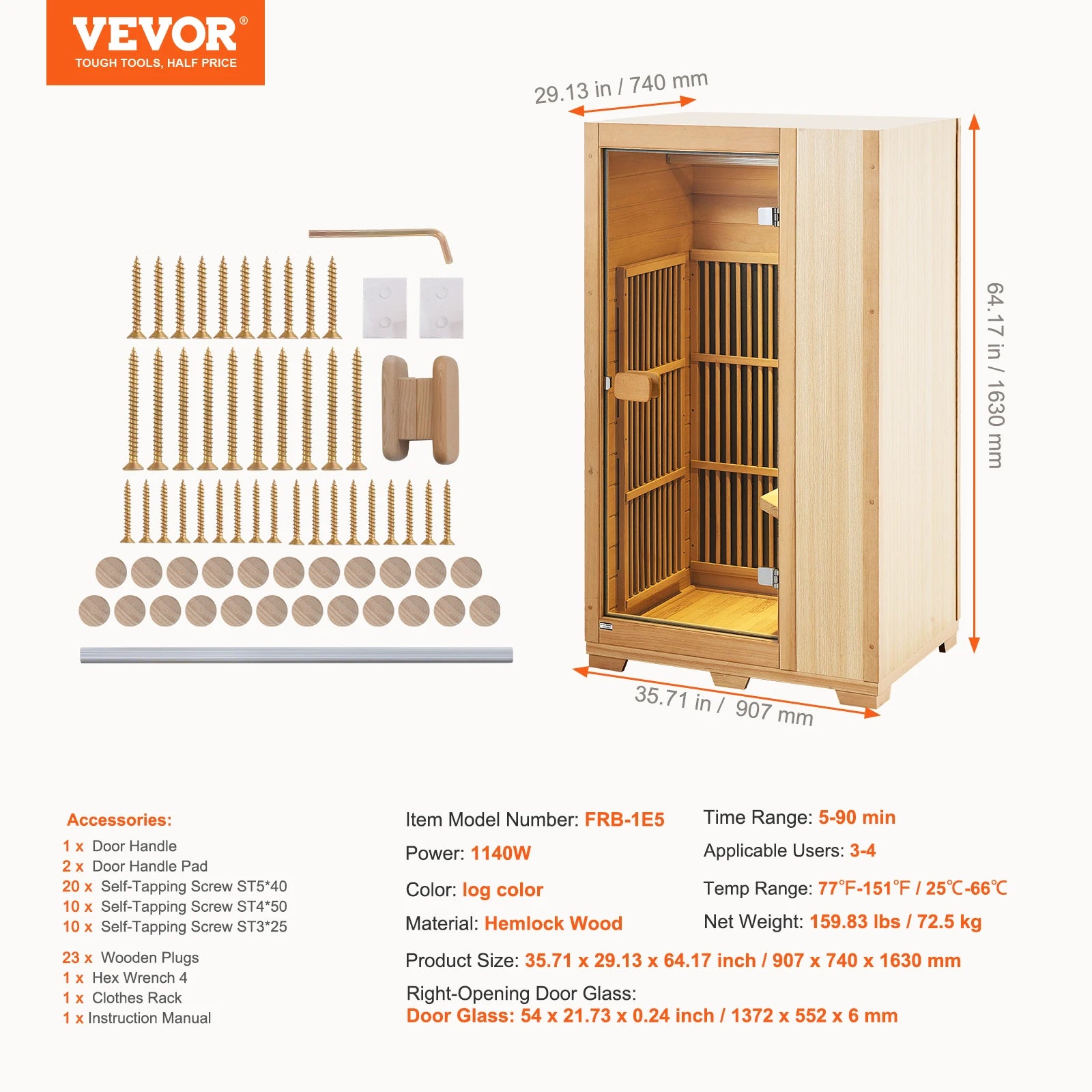 SucceBuy Far Infrared Wooden Sauna,  Room Home Sauna Spa for One Single Person, Low EMF Far Infrared Hemlock Wood  1140W Indoor