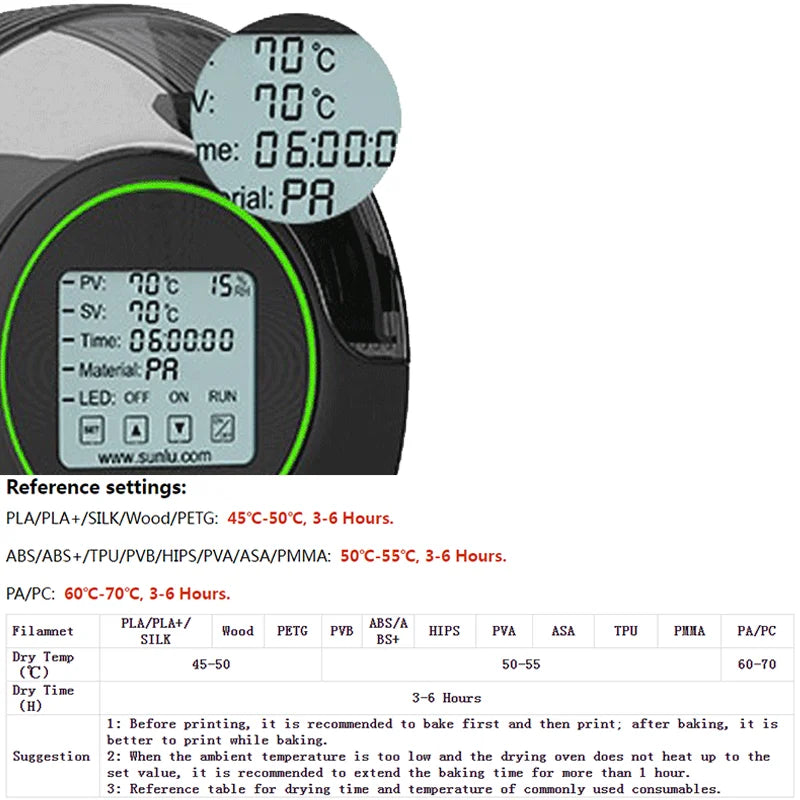 SUNLU S2 Dryer Box With Fan Upgrade 3D Filament Dry Box 82mm MAX70℃ 360° Heating Humidity Display LED Touch Screen Time Setting