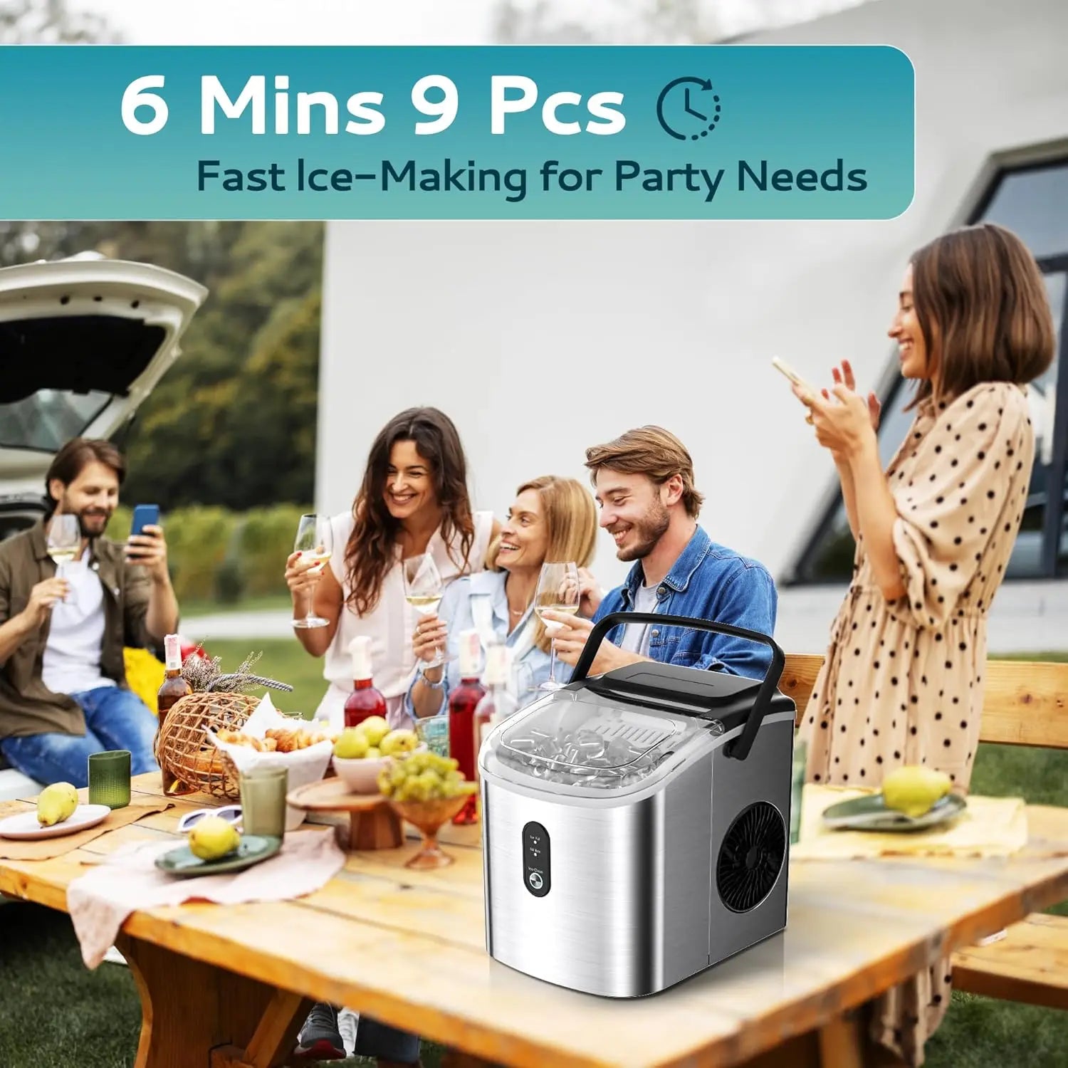 Countertop Ice Maker 26 lbs/Day Portable Self-Cleaning, 9 Bullet Ice in 6 Min, Silver, Auto-Cleaning, with Basket and Scoop