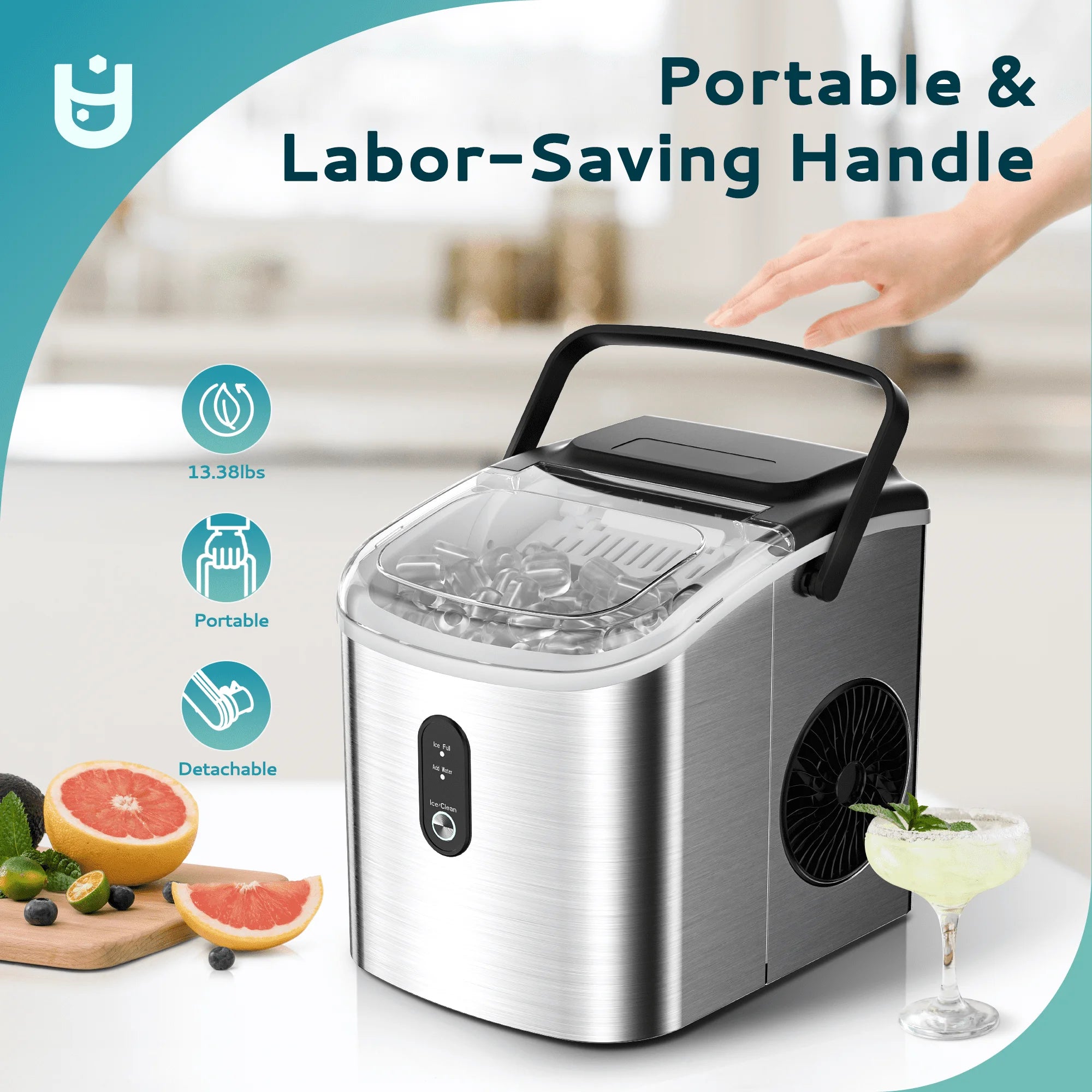 Countertop Ice Maker 26 lbs/Day Portable Self-Cleaning, 9 Bullet Ice in 6 Min, Silver, Auto-Cleaning, with Basket and Scoop