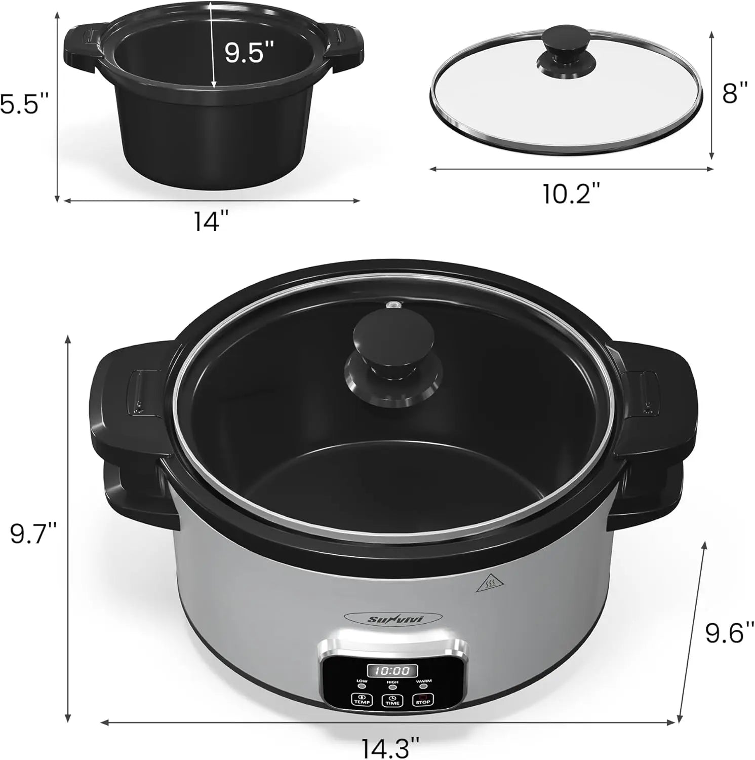 4QT Programmable Slow Cooker with Locking Lid, Removable Ceramic Pot, 3 Heating Settings & Timer, Dishwasher-Safe, Stainless Steel