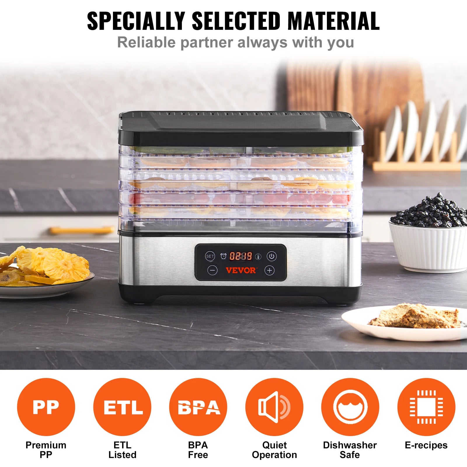 5 Tray Food Dehydrator Machine 300W Stainless Steel Electric Food Dryer w/ Digital Adjustable Timer & Temperature
