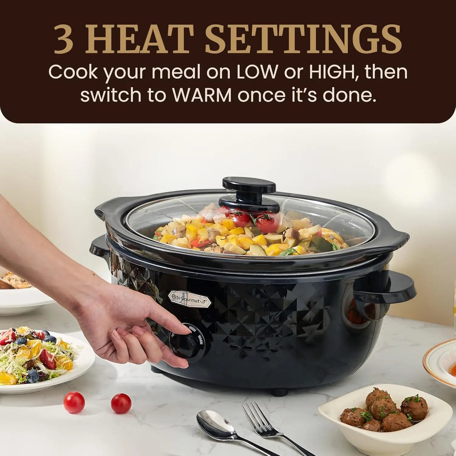Diamond Pattern Slow Cooker Removable Dishwasher-Safe  Pot with Tempered Glass Lid, Cool-Touch Handles, 6 Quart, Charcoal Black