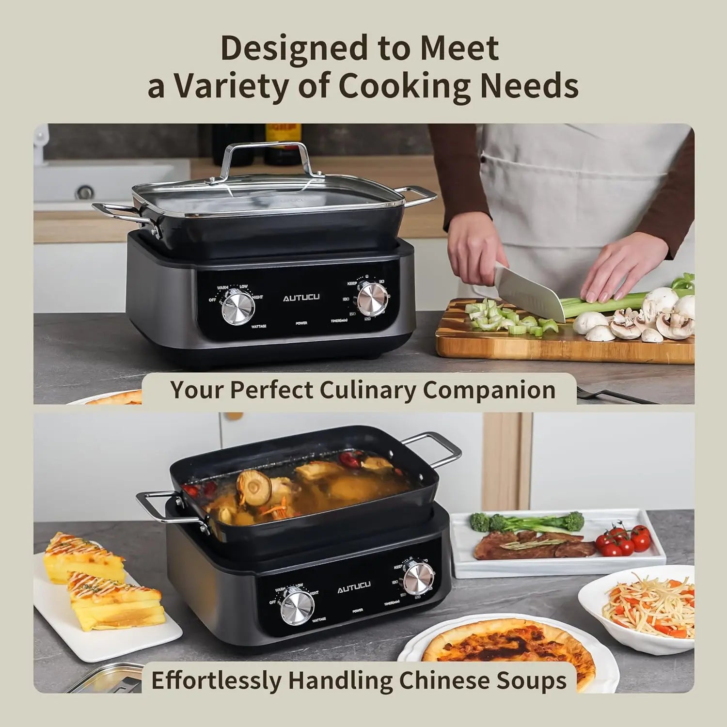 Nonstick Slow Cooker 7-Quart - PFOA-Free Ceramic-coated, 3 Heat Settings & Timer - Dishwasher Safe Pot