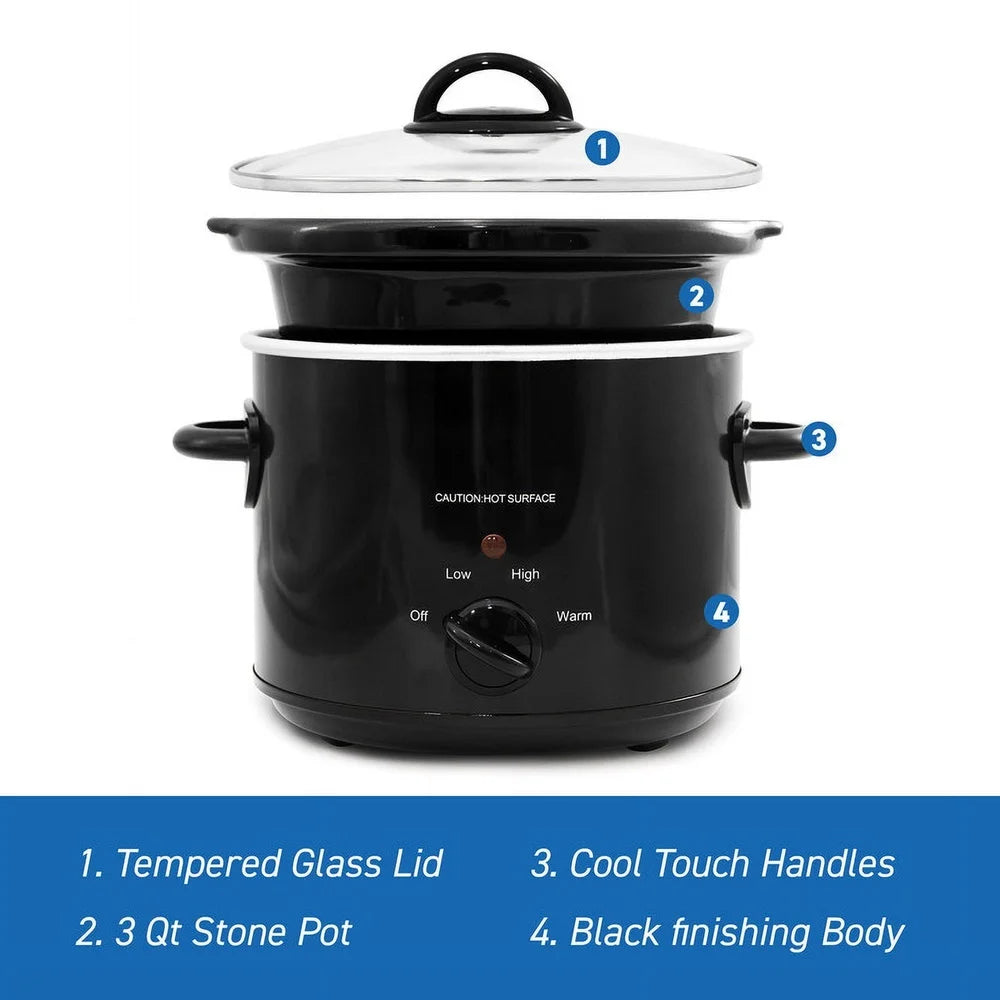 3Qt Slow Cooker with Removable Stoneware Pot Tempered Glass Lid Cool Touch Handles Low High Keep Warm Settings Kitchen Appliance