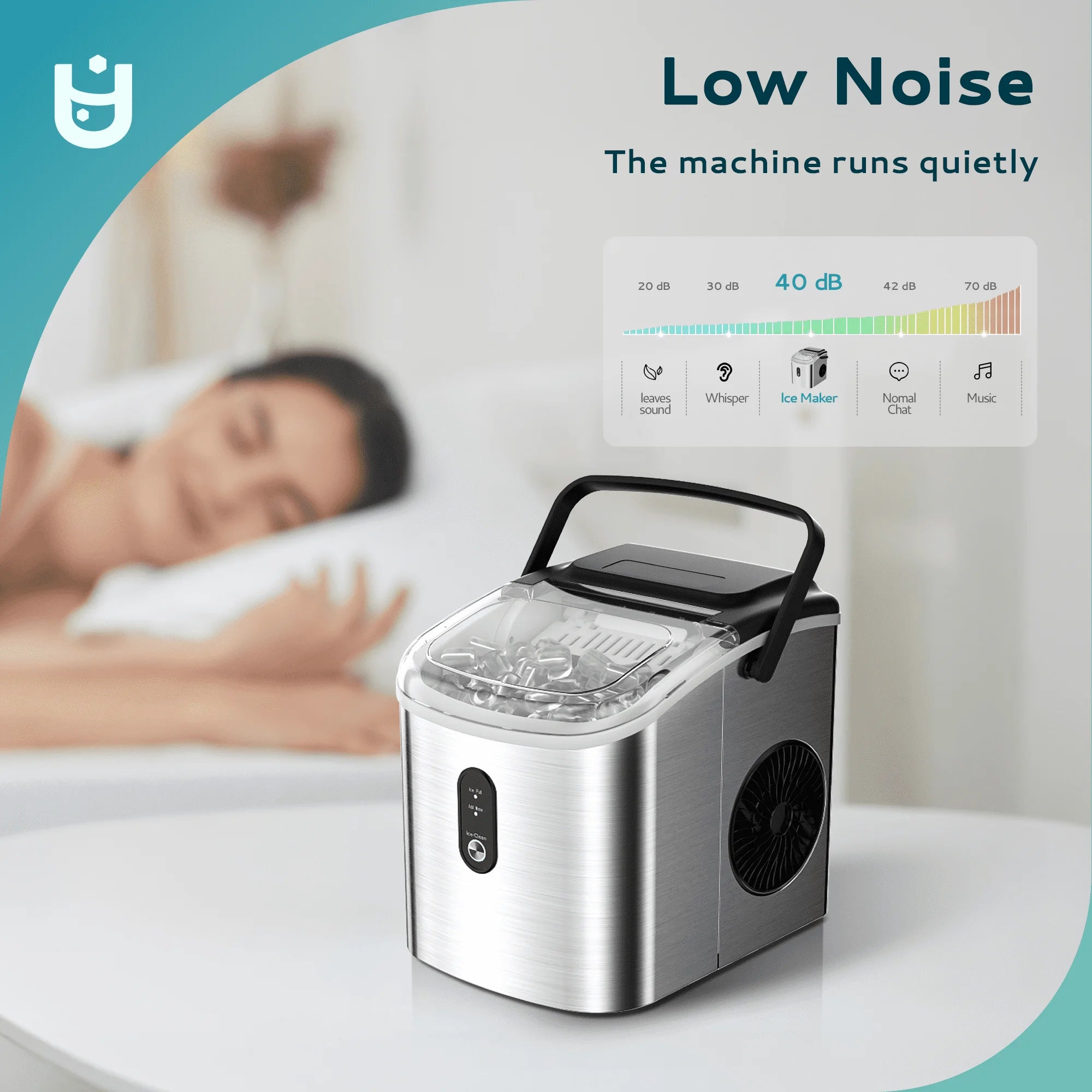 Countertop Ice Maker 26 lbs/Day Portable Self-Cleaning, 9 Bullet Ice in 6 Min, Silver, Auto-Cleaning, with Basket and Scoop