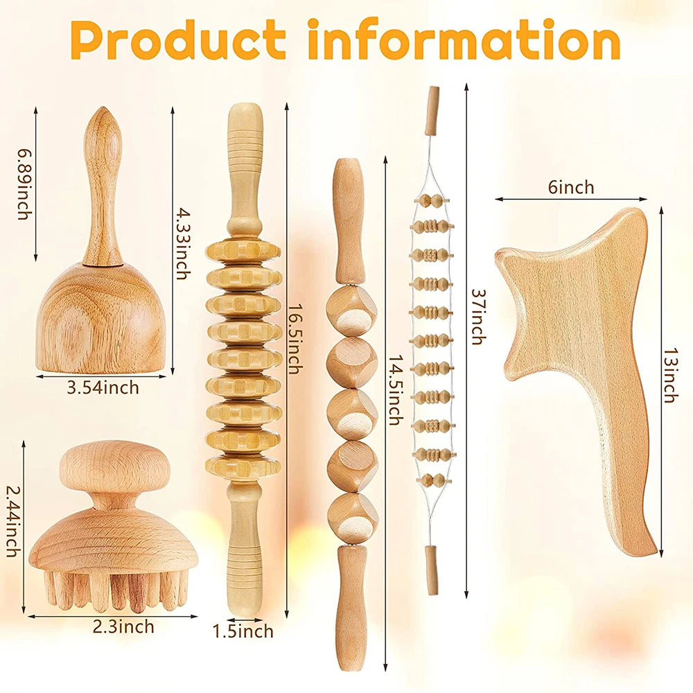 6 In 1 Wood Therapy, Massage Tool Lymphatic Drainage, Massager Anti Cellulite Fascia, Massage Roller for Full Body Muscle relaxation