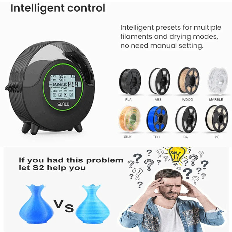 SUNLU S2 Dryer Box With Fan Upgrade 3D Filament Dry Box 82mm MAX70℃ 360° Heating Humidity Display LED Touch Screen Time Setting