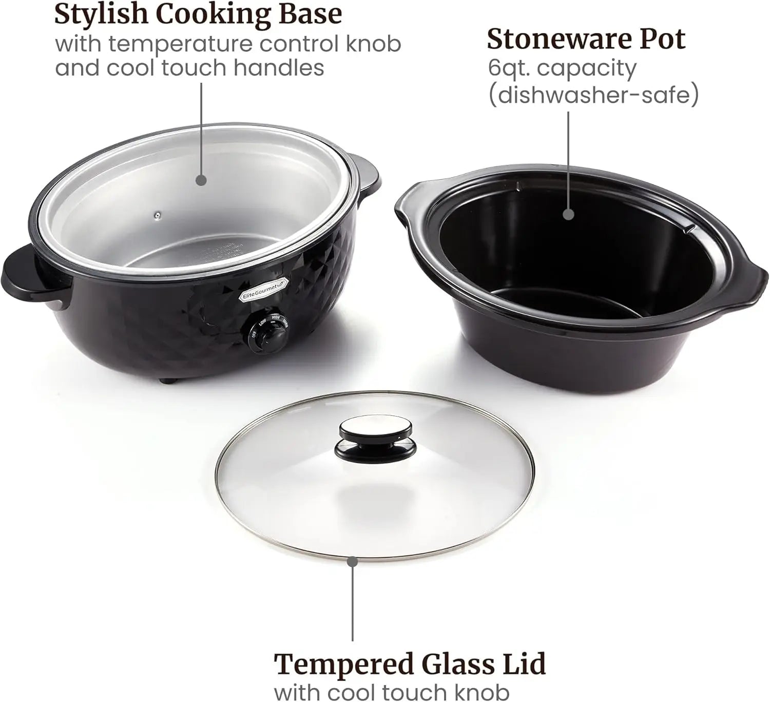 Diamond Pattern Slow Cooker Removable Dishwasher-Safe  Pot with Tempered Glass Lid, Cool-Touch Handles, 6 Quart, Charcoal Black